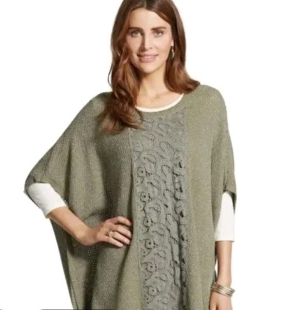 Chico's Olive Green Crochet Front Poncho Sweater with subtle sparkle throughout
